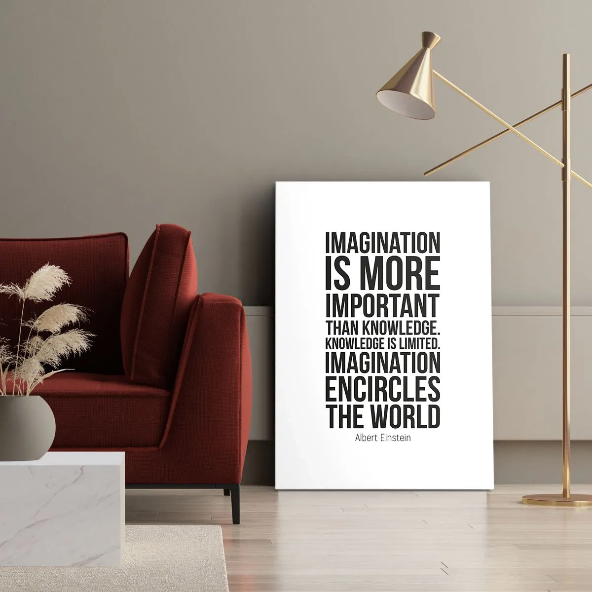 Impression sur toile - Image sur toile - Citation inspirante sur fond blanc en police noire - 50x70cm - Einstein sur le pouvoir de l'imagination - Décoration murale moderne pour le salon et la chambre ARTTOR