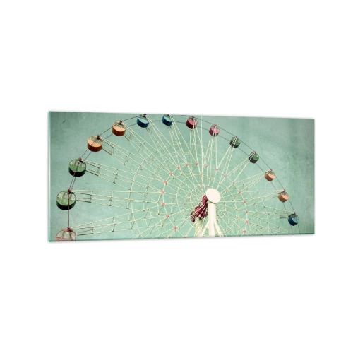 Impression sur verre - Image sur verre - Une grande roue colorée contre un ciel bleu dans un style rétro - 120x50cm - Nous vous invitons à vous amuser - Décoration murale moderne pour le salon et la chambre ARTTOR