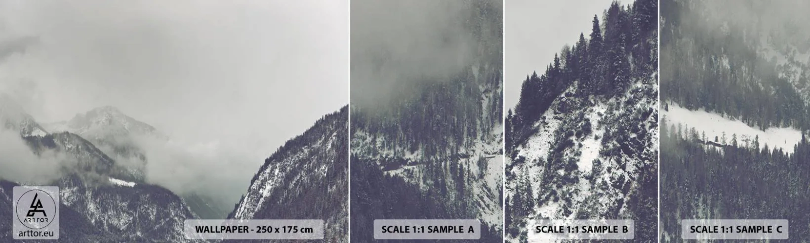Échantillon de Papier Peint Autocollant Deluxe Sticker - Vallée brumeuse - Montagnes, Forêt, Paysage - 100x30 cm
