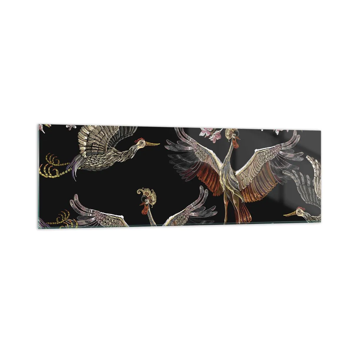 Impression sur verre - Image sur verre - Grues et fleurs élégantes sur fond noir - 160x50cm - Un oiseau de conte de fées - Décoration murale moderne pour le salon et la chambre ARTTOR