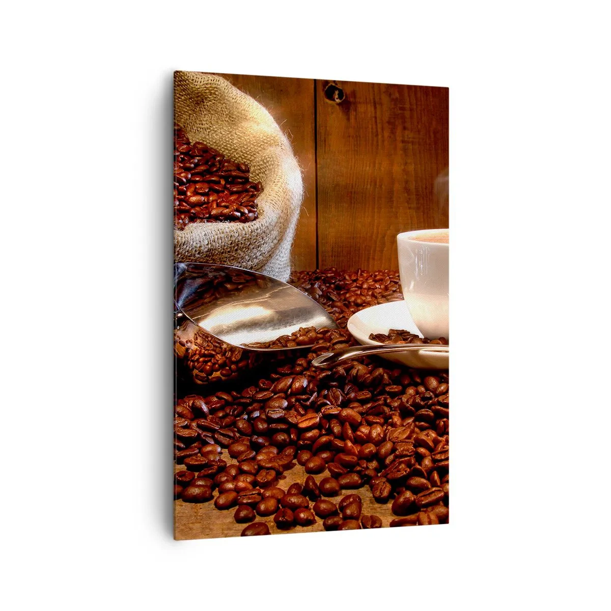 Impression sur toile - Image sur toile - Une tasse de café avec des grains de café et un sac de céréales en arrière-plan - 80x120cm - Sentez-vous cette odeur? - Décoration murale moderne pour le salon et la chambre ARTTOR