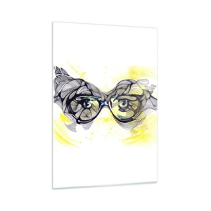Impression sur verre - Image sur verre - Lunettes avec motifs artistiques et yeux sur fond jaune - 50x70cm - À travers des lunettes bleues - Décoration murale moderne pour le salon et la chambre ARTTOR