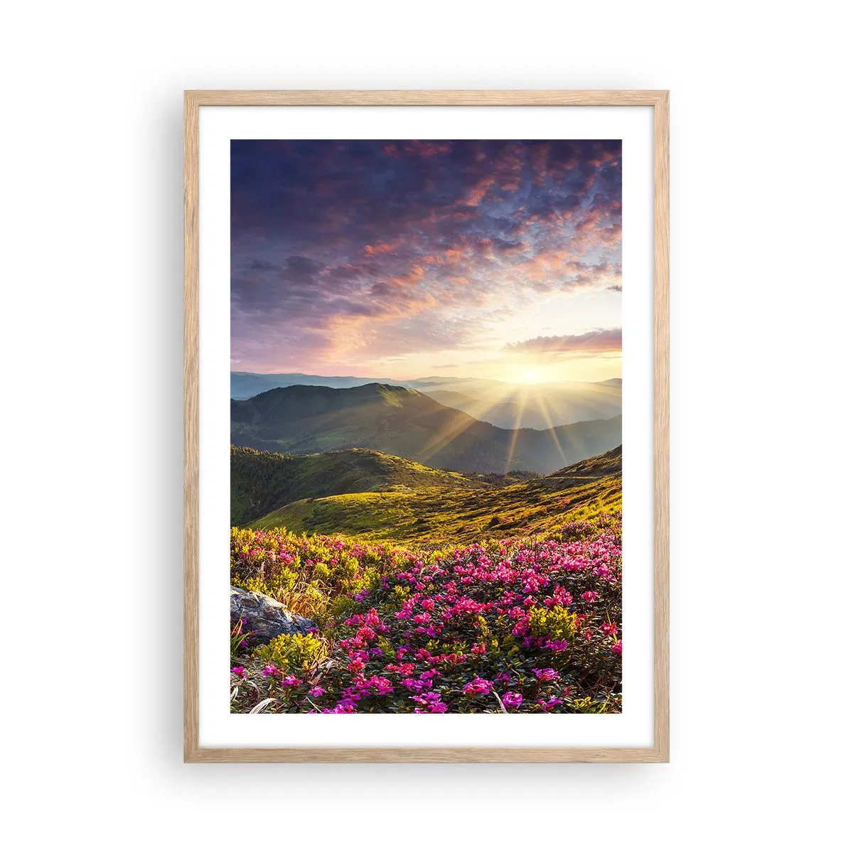 Affiche dans un chêne clair - Poster - Fraîcheur matinale en montagne - 50x70 cm