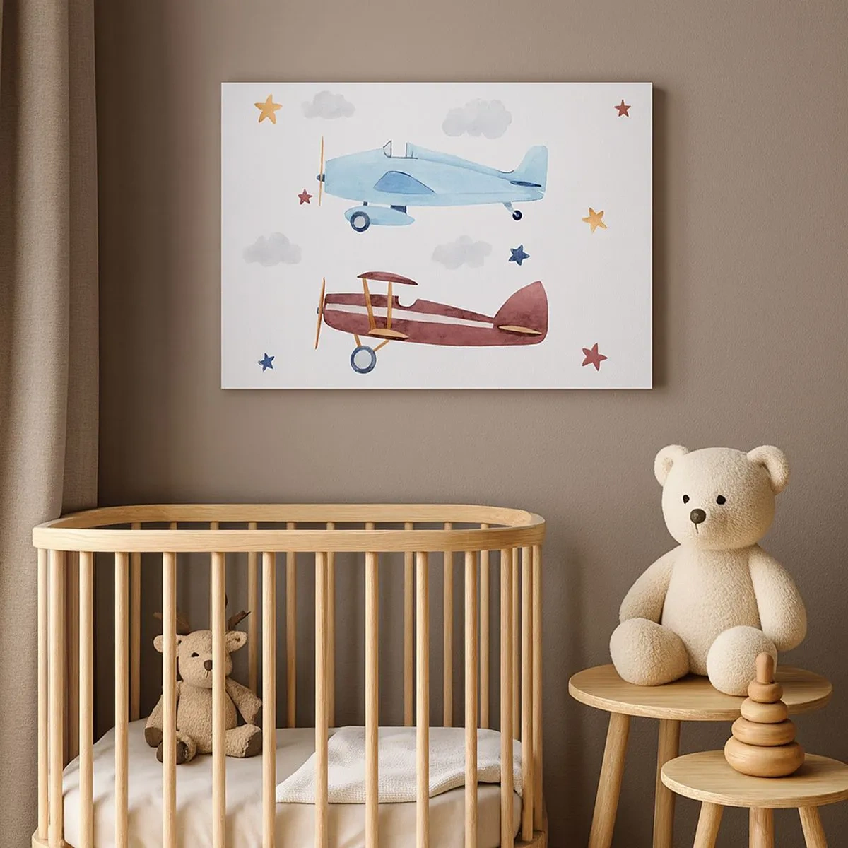 Impression sur toile - Image sur toile - Avions peints à la main sur fond de nuages et d'étoiles - 70x50cm - Monsieur le pilote, nous vous attendons ! - Décoration murale moderne pour le salon et la chambre ARTTOR