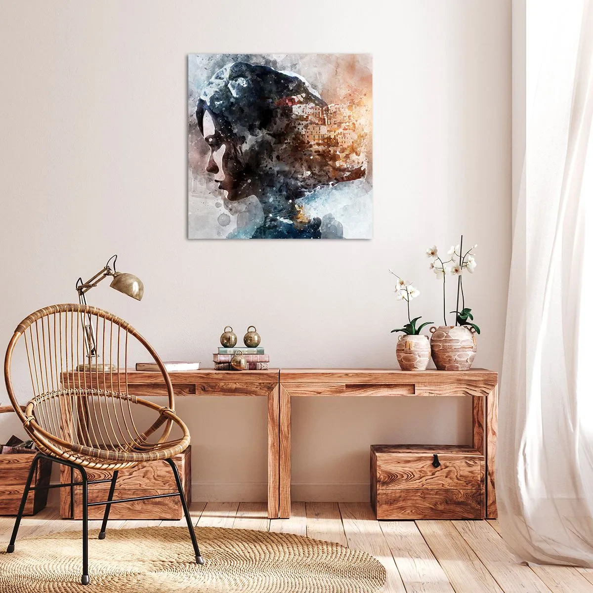 Impression sur toile - Image sur toile - L'histoire d'une fille avec une ville en arrière-plan - 30x30 cm