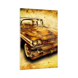 Impression sur verre - Image sur verre - Une voiture rétro classique dorée sur un fond vintage avec un effet vieilli. - 80x120cm - La beauté éternelle des classiques - Décoration murale moderne pour le salon et la chambre ARTTOR