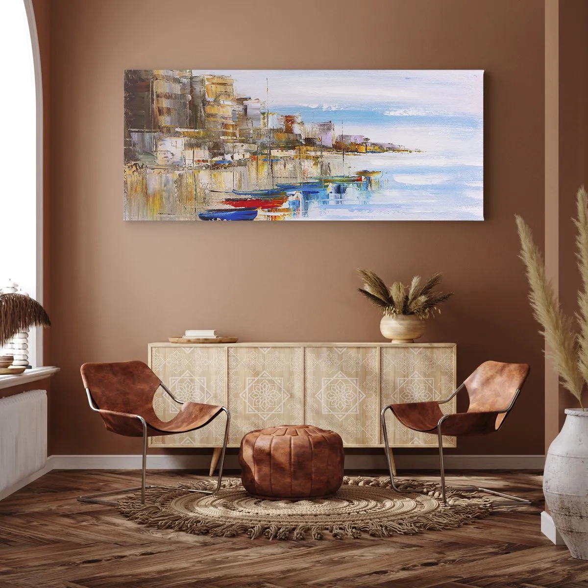 Impression sur toile - Image sur toile - Bateaux colorés sur le rivage surplombant les toits de la ville - 120x50cm - Un havre urbain multicolore - Décoration murale moderne pour le salon et la chambre ARTTOR