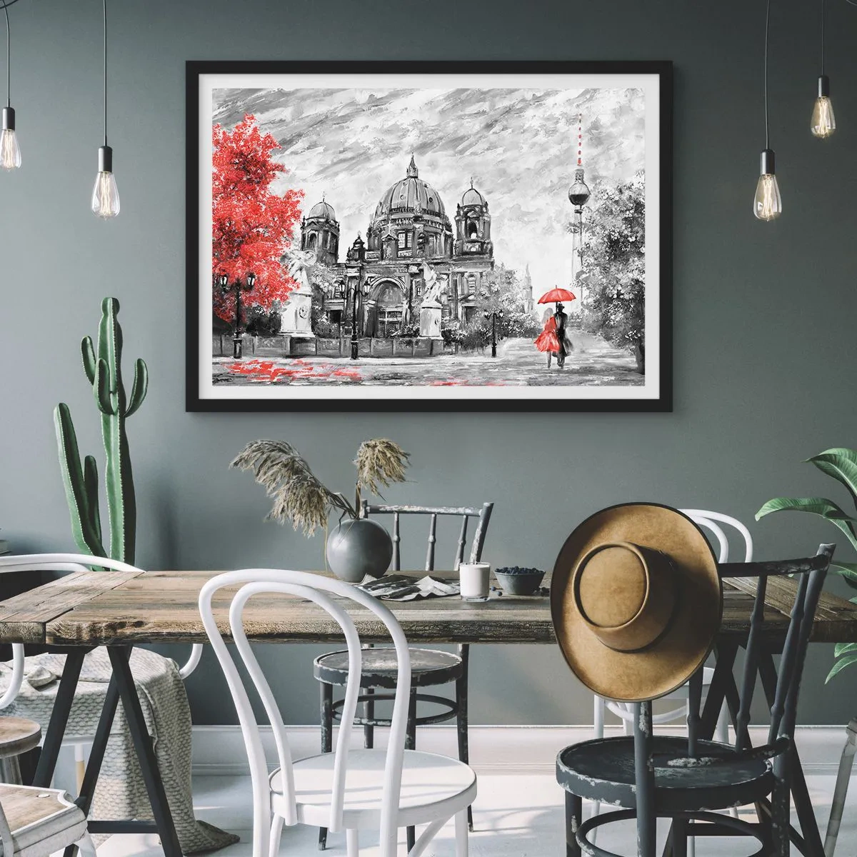 Affiche dans un cadre noir - Poster - Scène en noir et blanc avec Berlin, un parapluie rouge et un arbre - 100x70cm - Rencontre berlinoise - Décoration murale moderne pour le salon et la chambre ARTTOR