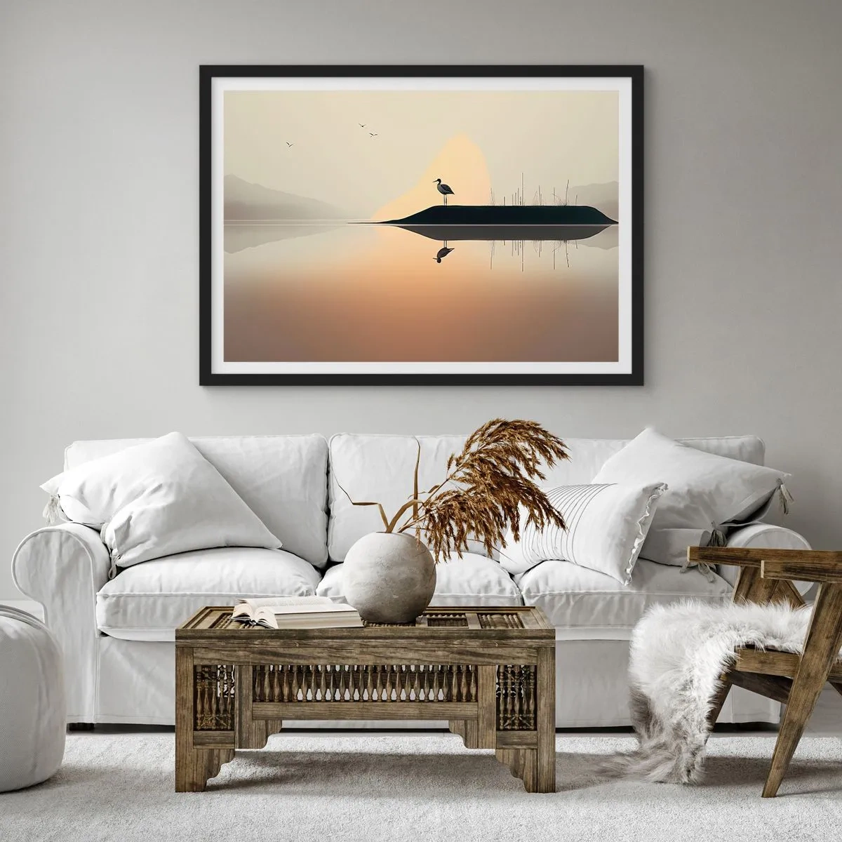 Affiche dans un cadre noir - Poster - Un oiseau sur une île dans un lac calme aux teintes chaudes - 70x50cm - Le seigneur du lac - Décoration murale moderne pour le salon et la chambre ARTTOR