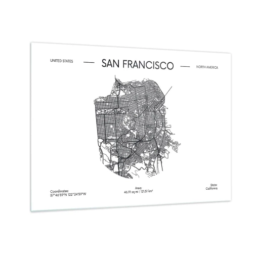 Impression sur verre - Image sur verre - Une carte minimaliste des rues de San Francisco - 70x50cm - Anatomie de San Fransisco - Décoration murale moderne pour le salon et la chambre ARTTOR
