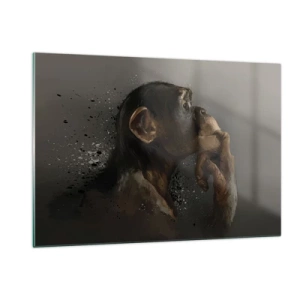 Impression sur verre - Image sur verre - Un singe pensif sur un fond sombre avec un effet d'éclaboussure - 120x80cm - Certainement un penseur - Décoration murale moderne pour le salon et la chambre ARTTOR