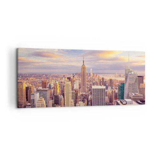 Impression sur toile - Image sur toile - Panorama d'une ville moderne avec des gratte-ciel au coucher du soleil - 120x50cm - Atteindre les nuages