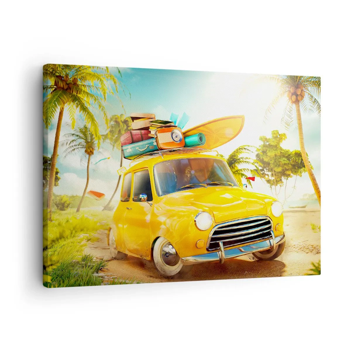 Impression sur toile - Image sur toile - Une voiture jaune avec des bagages dans un paysage tropical - 70x50cm - Un voyage pour plus d'un sourire - Décoration murale moderne pour le salon et la chambre ARTTOR
