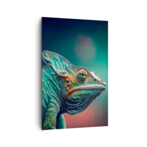 Impression sur toile - Image sur toile - Gros plan d'un caméléon aux couleurs intenses - 80x120cm - Vous me voyez? Pas bien… - Décoration murale moderne pour le salon et la chambre ARTTOR
