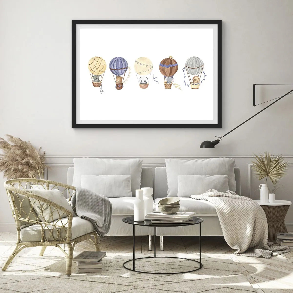 Affiche dans un cadre noir - Poster - Animaux mignons dans des ballons sur fond blanc - 70x50cm - Compagnons de voyage - Décoration murale moderne pour le salon et la chambre ARTTOR
