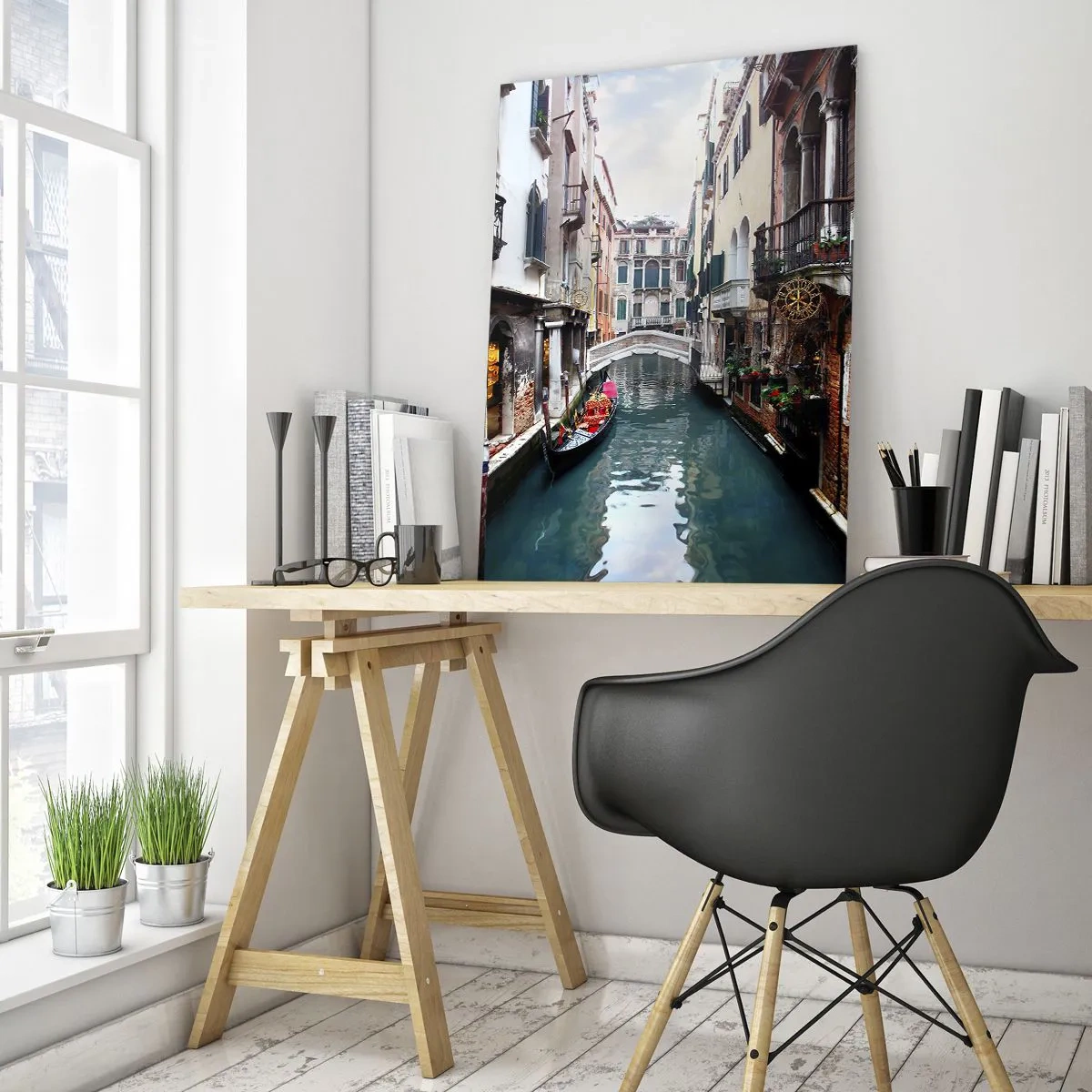 Impression sur verre - Image sur verre - Un canal vénitien avec une gondole entourée de bâtiments historiques - 50x70cm - Paysage vénitien avec une gondole et un pont - Décoration murale moderne pour le salon et la chambre ARTTOR