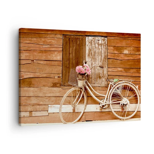 Impression sur toile - Image sur toile - Un vélo avec un panier rempli de roses contre un mur en bois - 70x50cm - Je reviens tout de suite - Décoration murale moderne pour le salon et la chambre ARTTOR