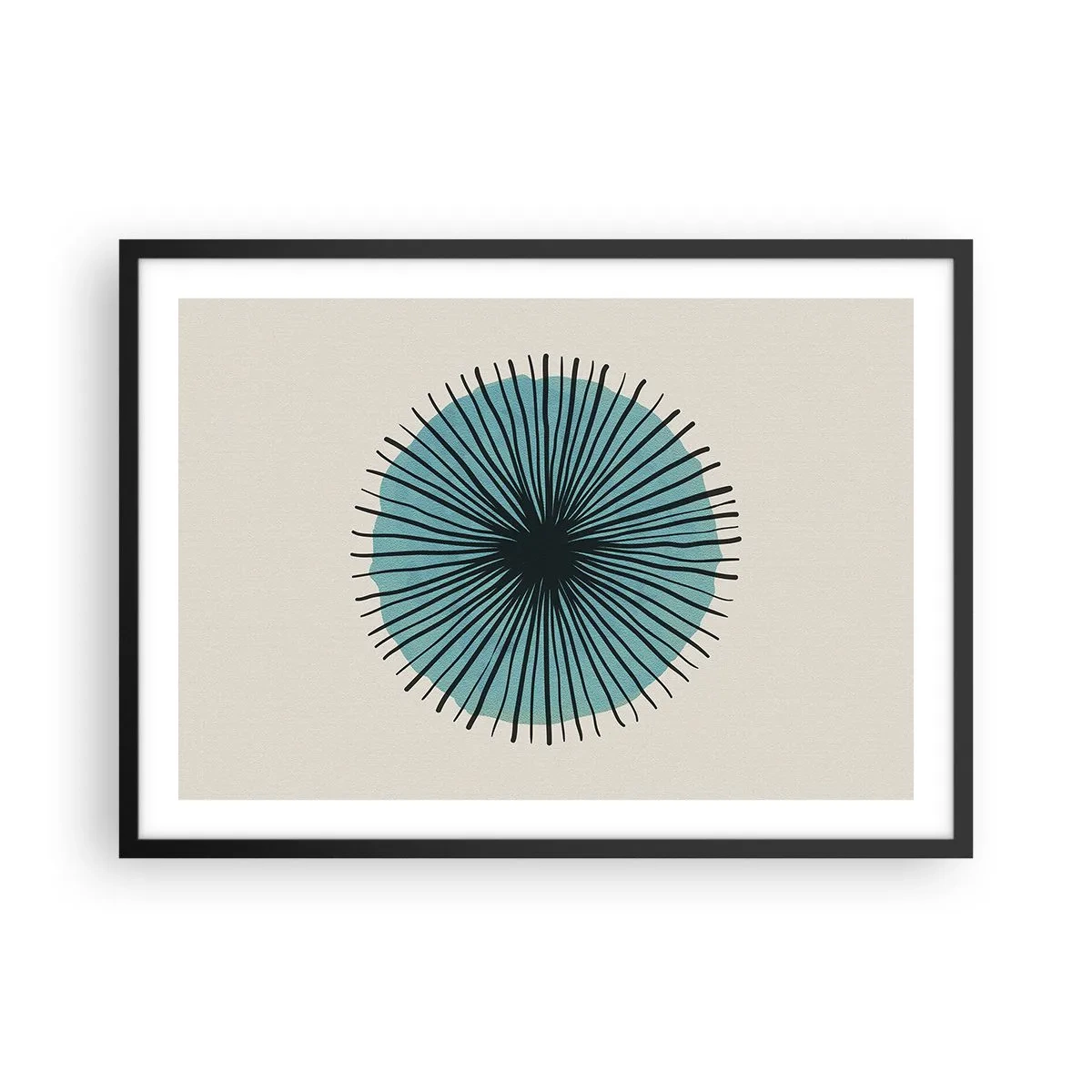 Affiche dans un cadre noir - Poster - Forme circulaire abstraite avec des rayons bleus - 70x50cm - Rayonnant dans l'azur - Décoration murale moderne pour le salon et la chambre ARTTOR