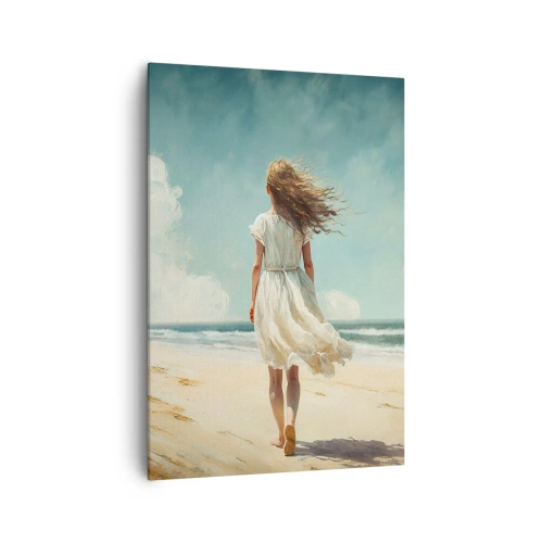 Impression sur toile - Image sur toile - Une femme en robe blanche marchant sur la plage par une journée ensoleillée - 70x100cm - Pour rencontrer le soleil et le vent - Décoration murale moderne pour le salon et la chambre ARTTOR