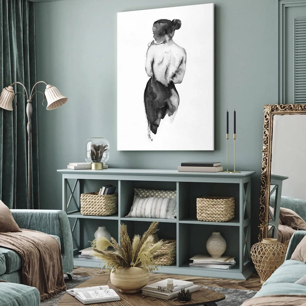 Impression sur toile - Image sur toile - La silhouette d'une femme capturée dans une aquarelle subtile - 50x70cm - Auprès d'elle, le monde disparaît - Décoration murale moderne pour le salon et la chambre ARTTOR