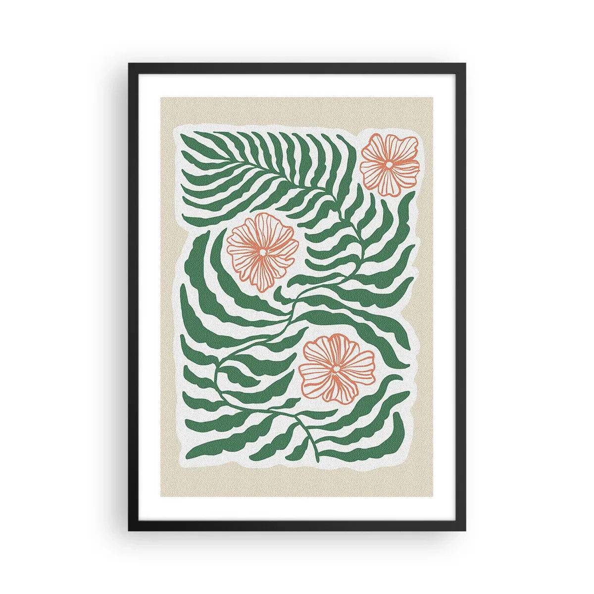 Affiche dans un cadre noir - Poster - Graphique abstrait de feuilles et de fleurs sur fond beige - 50x70cm - Fleurit en vert - Décoration murale moderne pour le salon et la chambre ARTTOR