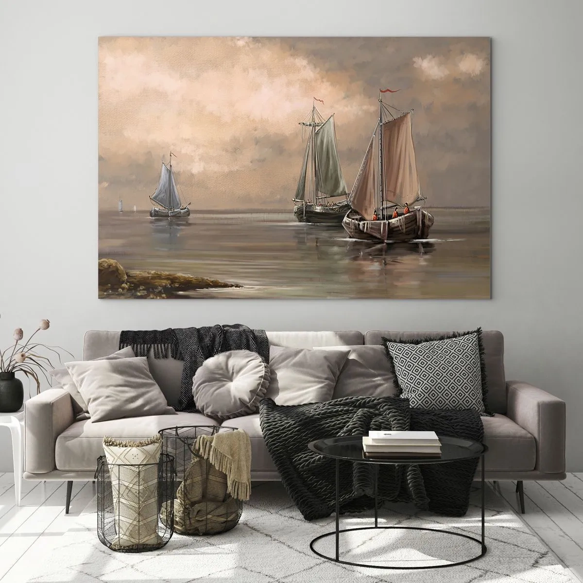 Impression sur verre - Image sur verre - Trois voiliers sur une mer calme aux couleurs pastel - 70x50cm - Le retour des marins - Décoration murale moderne pour le salon et la chambre ARTTOR