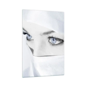 Impression sur verre - Image sur verre - Portrait d'une femme aux yeux bleus cachés derrière un voile blanc - 70x100cm - Directement des mille et une nuits - Décoration murale moderne pour le salon et la chambre ARTTOR