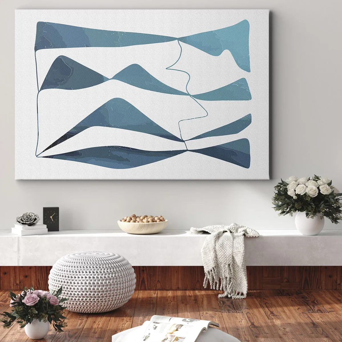 Impression sur toile - Image sur toile - Formes abstraites dans des tons de bleu sur fond blanc - 120x80cm - Abstraction : composé turquoise - Décoration murale moderne pour le salon et la chambre ARTTOR