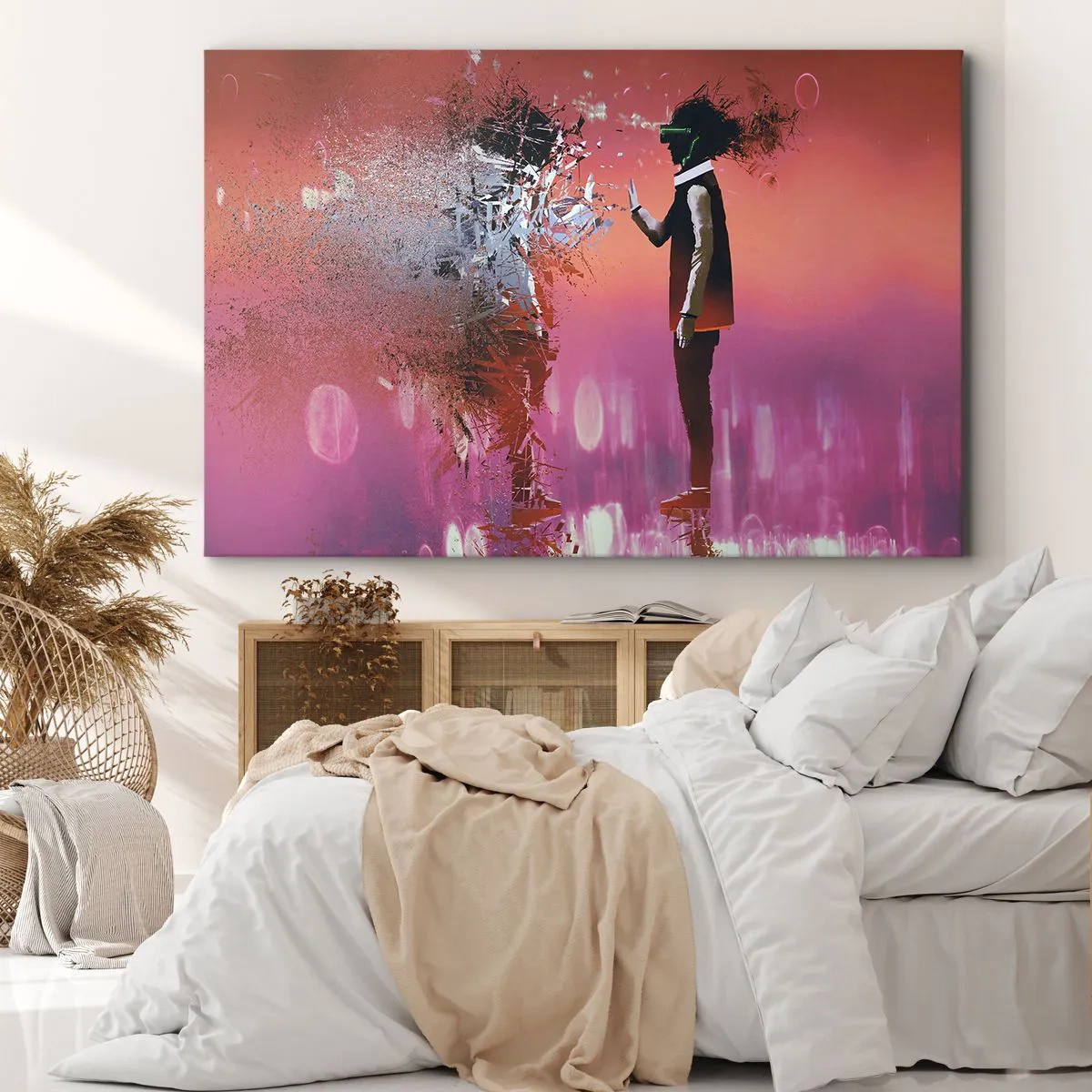 Impression sur toile - Image sur toile - Une scène abstraite avec une figure futuriste et des éléments dispersés. - 70x50cm - Pouvez-vous regarder à l'intérieur de vous-même ? - Décoration murale moderne pour le salon et la chambre ARTTOR