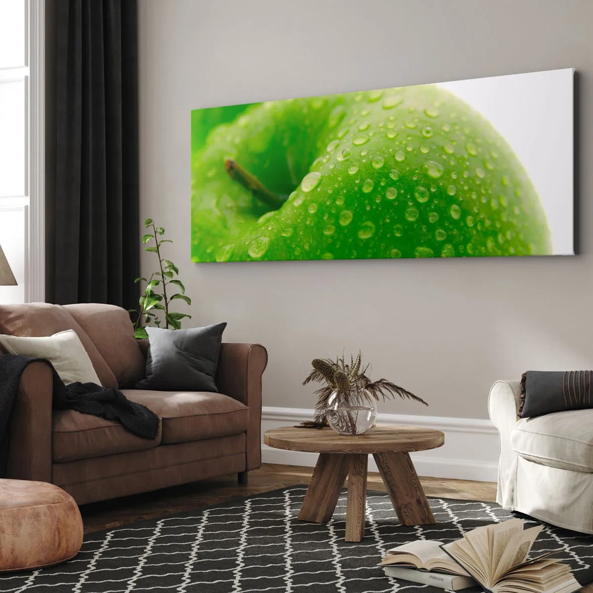 Impression sur toile - Image sur toile - Gros plan d'une pomme verte avec des gouttes d'eau - 120x50cm - Fraîcheur de verdure fraîche - Décoration murale moderne pour le salon et la chambre ARTTOR