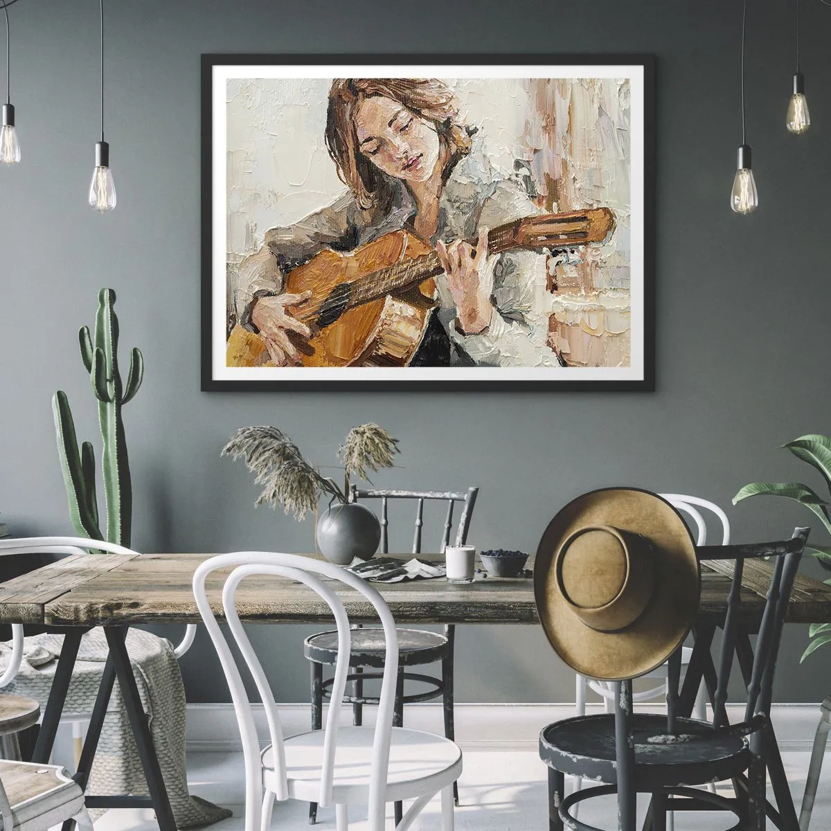 Affiche dans un cadre noir - Poster - Portrait d'une fille jouant de la guitare dans un style pictural aux couleurs chaudes. - 70x50cm - Concerto pour guitare et coeur de fille - Décoration murale moderne pour le salon et la chambre ARTTOR
