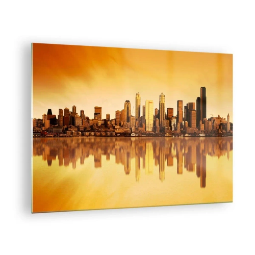 Impression sur verre - Image sur verre - Panorama de la ville dans la lumière dorée du coucher du soleil - 70x50cm - Le silence de la métropole - Décoration murale moderne pour le salon et la chambre ARTTOR
