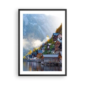 Affiche dans un cadre noir - Poster - Une ville de montagne au bord d'un lac entourée d'une aura automnale - 50x70cm - Ambiance alpine - Décoration murale moderne pour le salon et la chambre ARTTOR