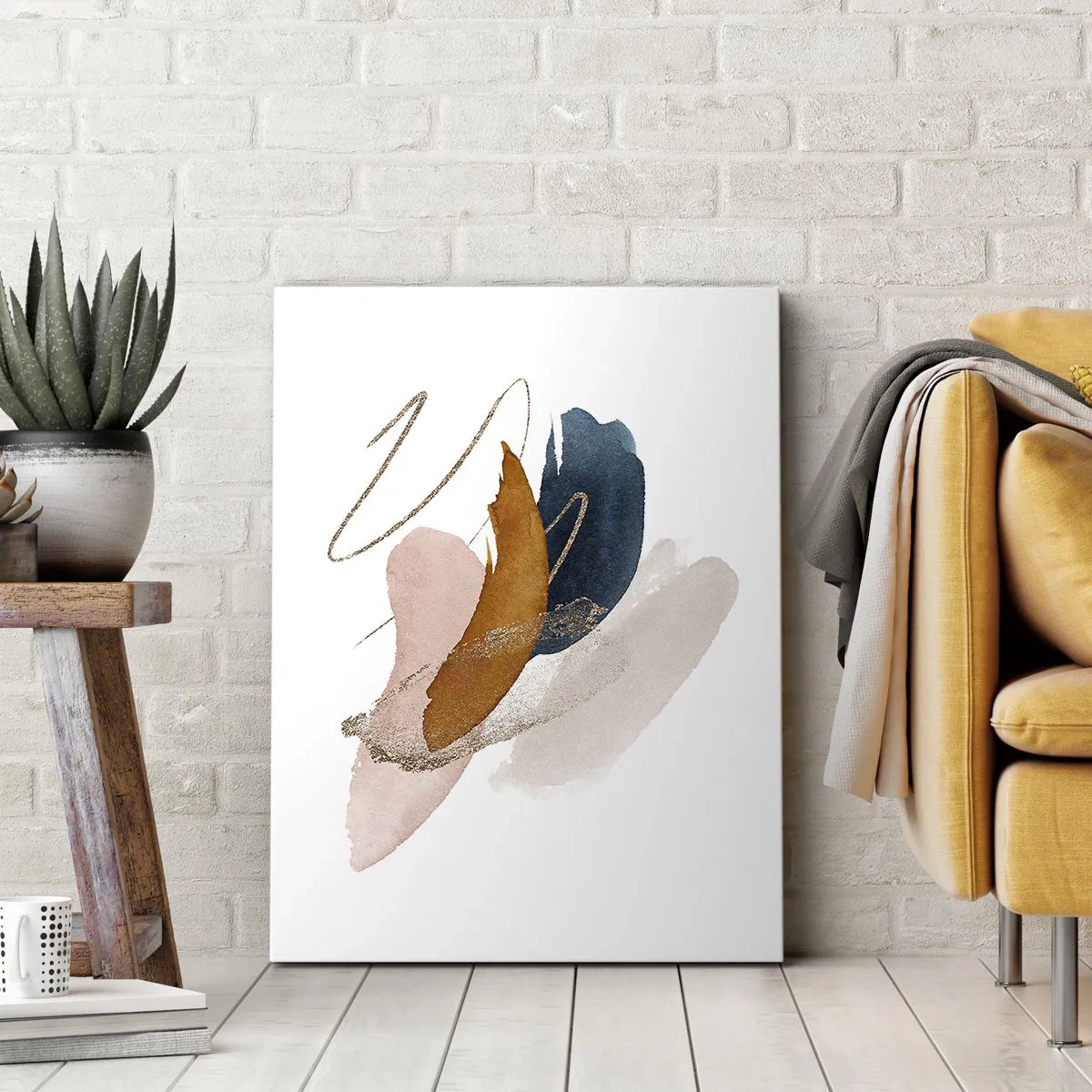 Impression sur toile - Image sur toile - Traits abstraits aux couleurs pastel avec des accents dorés - 50x70cm - Composition ailée - Décoration murale moderne pour le salon et la chambre ARTTOR