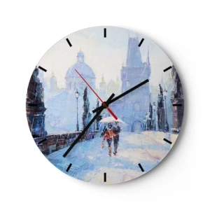 Horloge murale - Pendule murale - Scène romantique sur un pont sous la pluie, avec une ville pittoresque en toile de fond - 30x30cm - La pluie a dû nous charmer - Décoration murale moderne pour le salon, la cuisine et la chambre ARTTOR