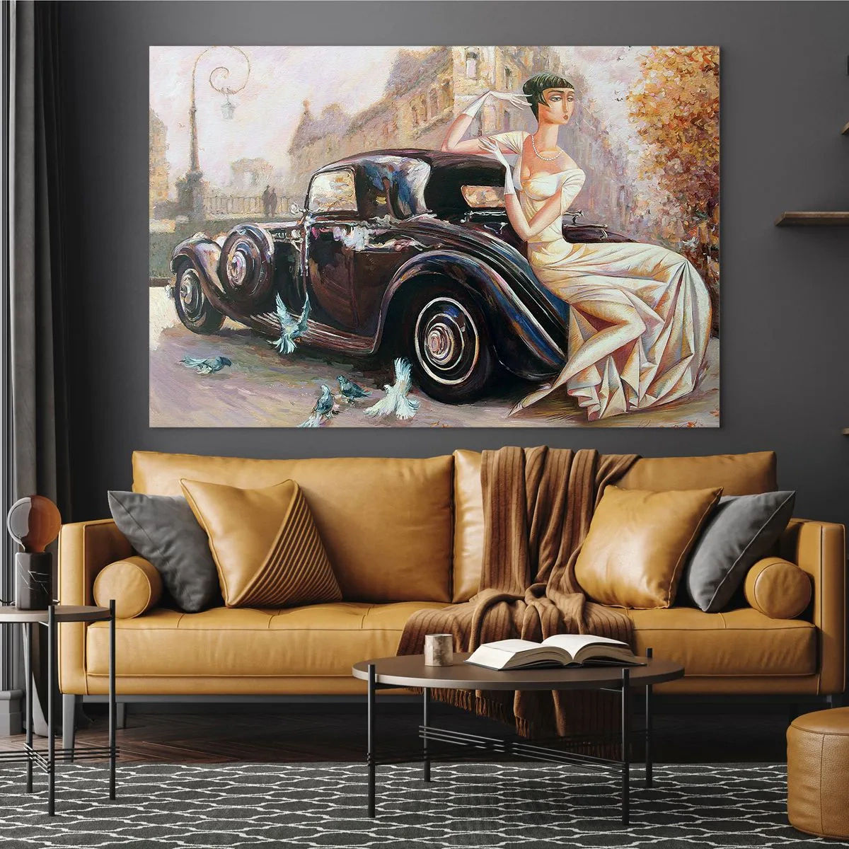 Impression sur verre - Image sur verre - Femme élégante à côté d'une voiture rétro dans un cadre urbain - 120x80cm - L'élégance dans un style rétro - Décoration murale moderne pour le salon et la chambre ARTTOR