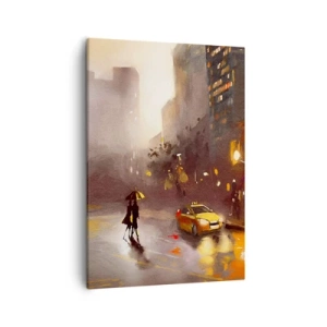 Impression sur toile - Image sur toile - Une scène urbaine la nuit à la lumière des lampadaires et des reflets sur une rue mouillée. - 50x70cm - Dans les lumières de New-York - Décoration murale moderne pour le salon et la chambre ARTTOR