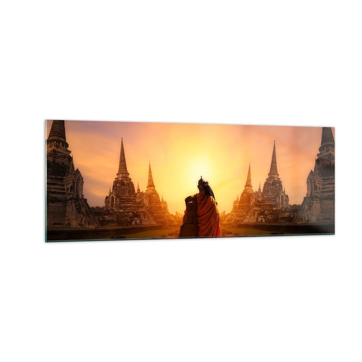 Impression sur verre - Image sur verre - Un moine parmi les temples au coucher du soleil - 140x50cm - En paix pour l'éternité - Décoration murale moderne pour le salon et la chambre ARTTOR