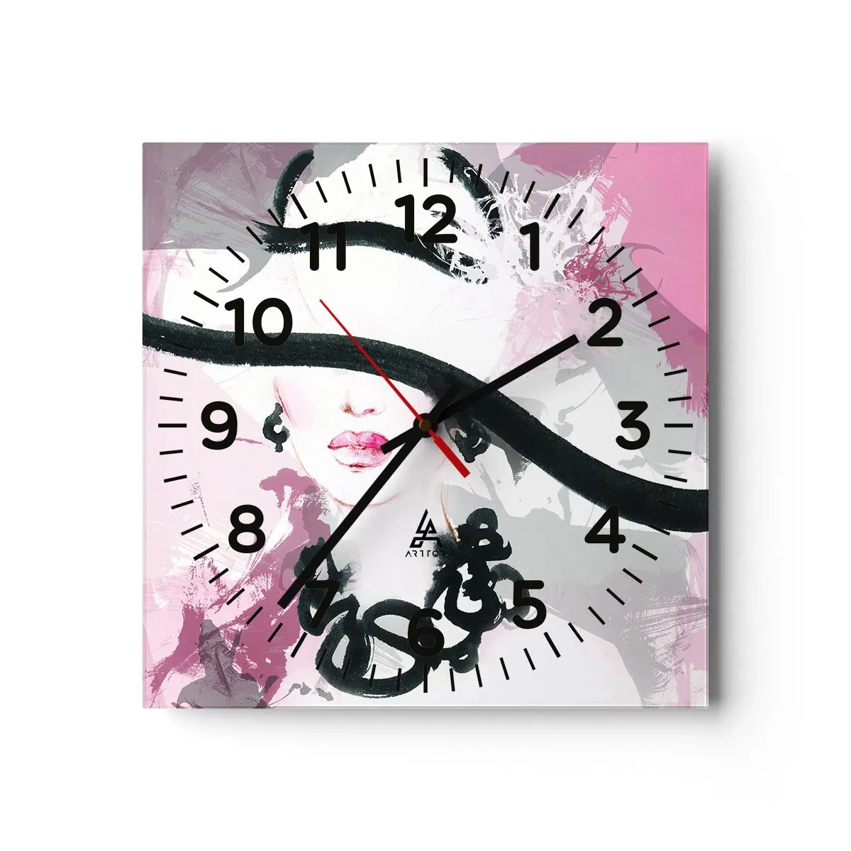 Horloge murale - Pendule murale - Portrait d'une dame en noir et rose - 30x30 cm