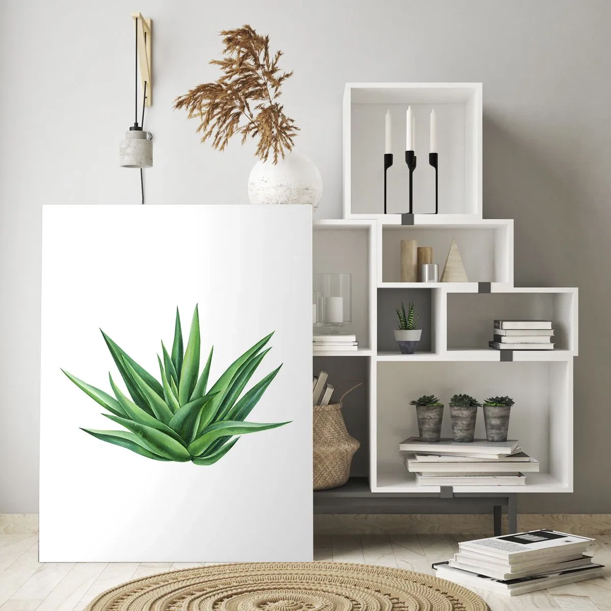 Impression sur verre - Image sur verre - Une plante verte juteuse sur fond blanc - 70x100cm - Vert – force – vie - Décoration murale moderne pour le salon et la chambre ARTTOR
