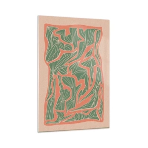 Impression sur verre - Image sur verre - Un motif végétal dans les tons de vert et d'orange - 80x120cm - La lutte entre le corail et la verdure - Décoration murale moderne pour le salon et la chambre ARTTOR