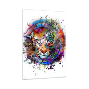 Impression sur verre - Image sur verre - Portrait coloré d'un lion dans un style abstrait - 80x120cm - Il se cache derrière un voile arc-en-ciel - Décoration murale moderne pour le salon et la chambre ARTTOR