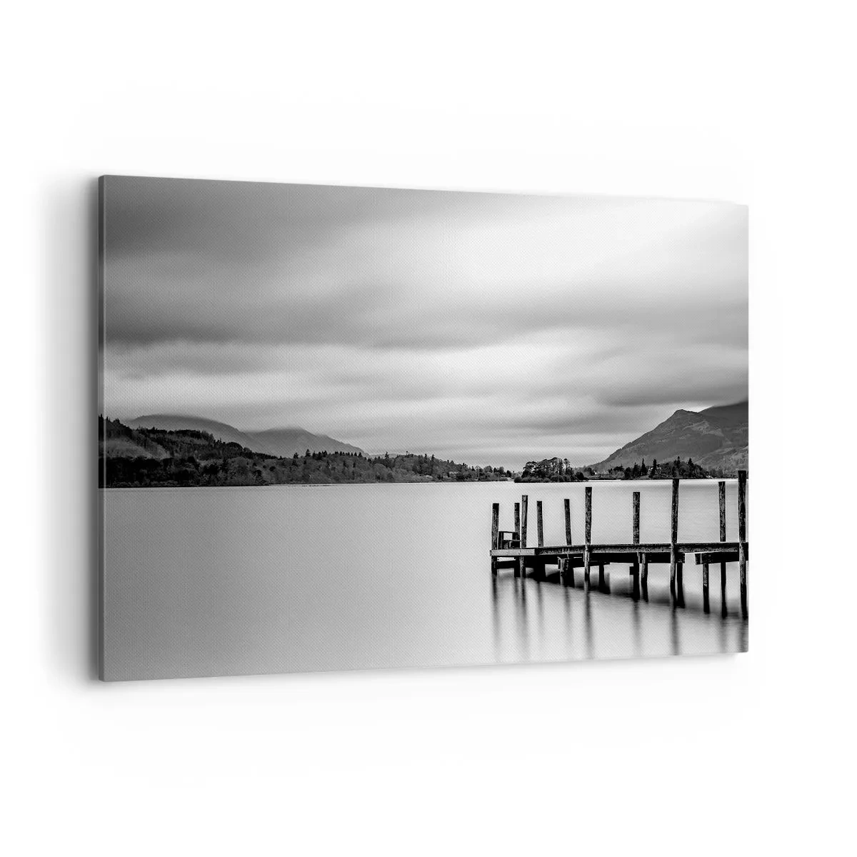Impression sur toile - Image sur toile - Paysage noir et blanc avec une jetée sur un lac - 120x80cm - Douceur et force - Décoration murale moderne pour le salon et la chambre ARTTOR