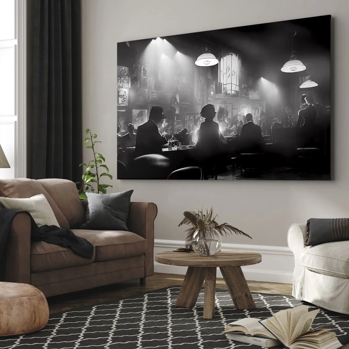 Impression sur toile - Image sur toile - Scène de boîte de nuit de jazz en noir et blanc - 120x80cm - Dans une ambiance jazz - Décoration murale moderne pour le salon et la chambre ARTTOR