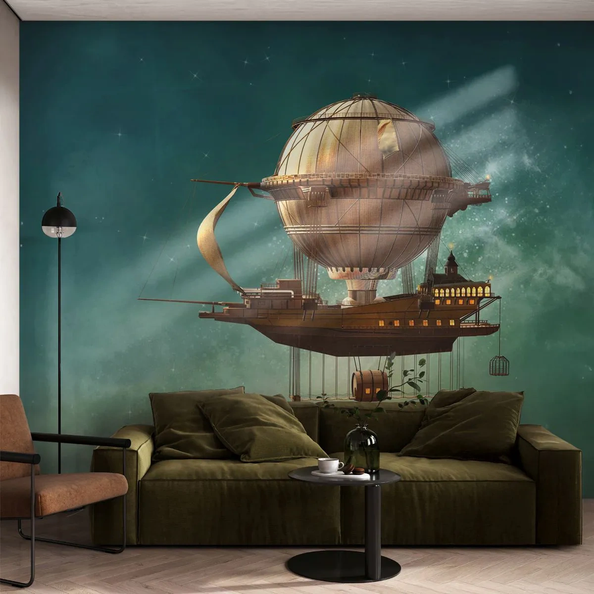 Papier Peint Photo Premium Canvas - Jules Verne vous salue - Rétro, Voyage, Ballon - 250x175 cm