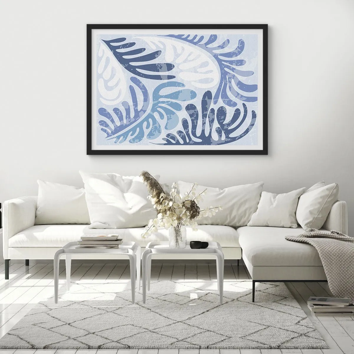 Affiche dans un cadre noir - Poster - Formes abstraites dans des tons de bleu sur fond blanc - 70x50cm - Fougères bleues - Décoration murale moderne pour le salon et la chambre ARTTOR
