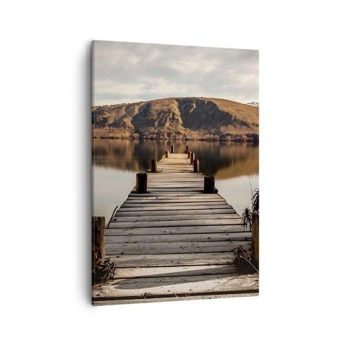 Impression sur toile - Image sur toile - Une jetée en bois sur un lac entouré de collines pittoresques - 50x70cm - Paysage silencieux - Décoration murale moderne pour le salon et la chambre ARTTOR