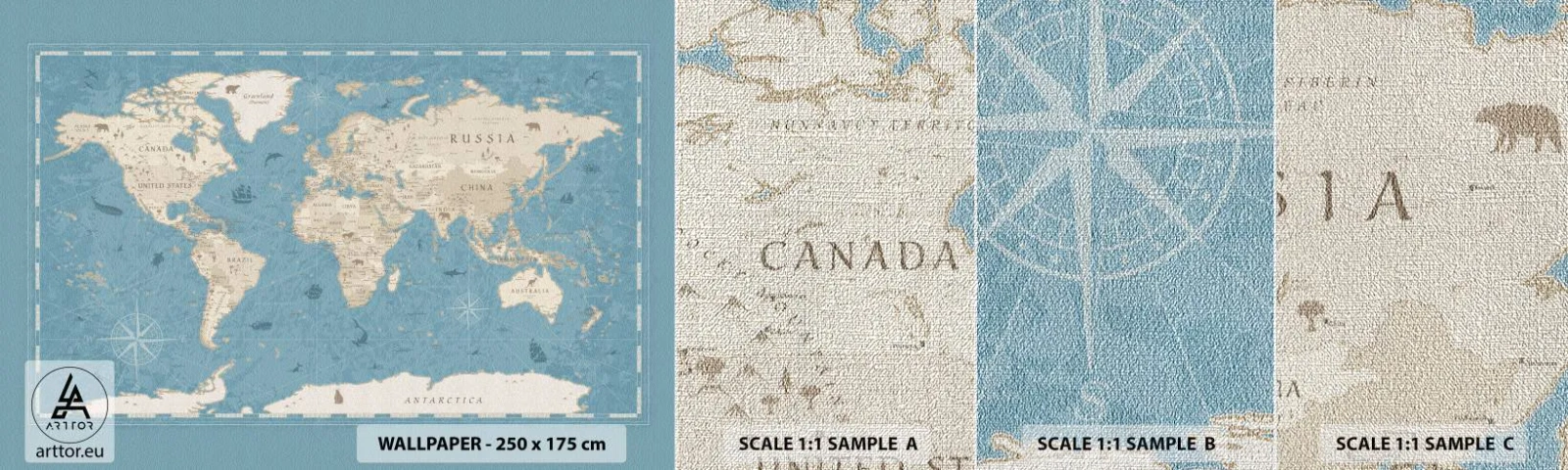 Échantillon de Papier Peint Premium Canvas - Le monde à porter de main - Carte du monde, Ancien, Grunge - 100x30 cm