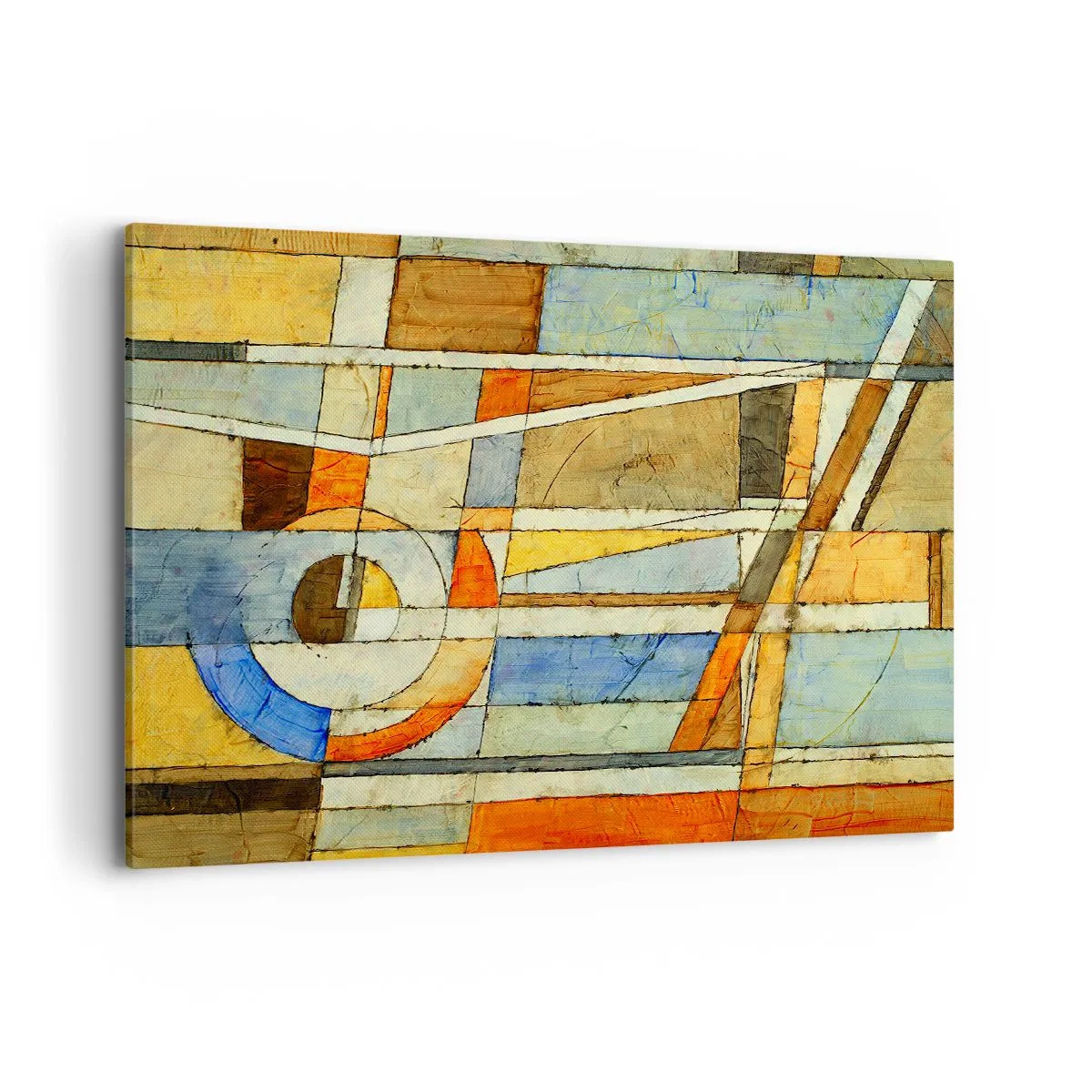 Impression sur toile - Image sur toile - Abstraction géométrique dans les tons beige, bleu et orange - 120x80cm - Cubisme sur le chantier - Décoration murale moderne pour le salon et la chambre ARTTOR