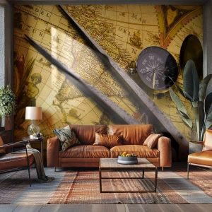 Papier Peint Photo Premium Canvas - Où sont ces trésors? - Boussole, Carte du monde, Voyages - 150x105 cm